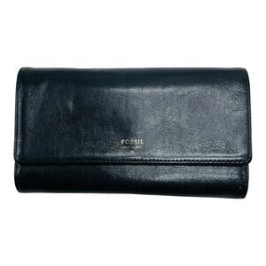 Y2K Fossil Issue 1954 Black Pebble Leather Womens Wallet Gold Snaps 7” Cow Hide